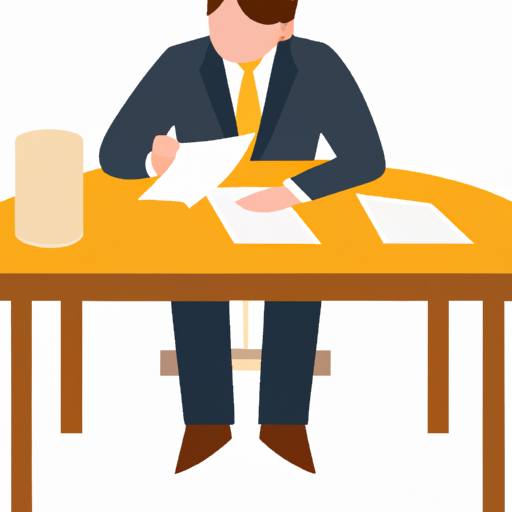 תמונה של אדם בחליפה יושב ליד שולחן וסוקר ניירת